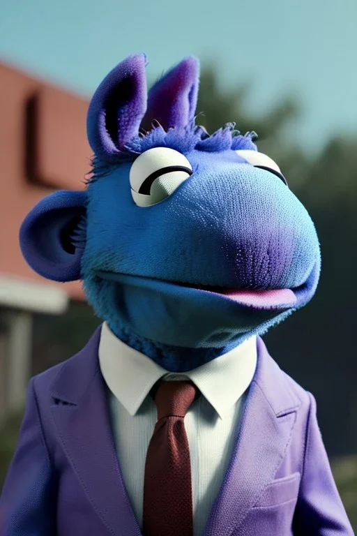 Realistic image, hybrid formed by simple blue muppet head and real human body, Shirt and tie, concept art, smooth, unreal engine 5, god lights, ray tracing, RTX, lumen lighting, ultra detail, volumetric lighting, 3d, finely drawn, high definition, 4k.