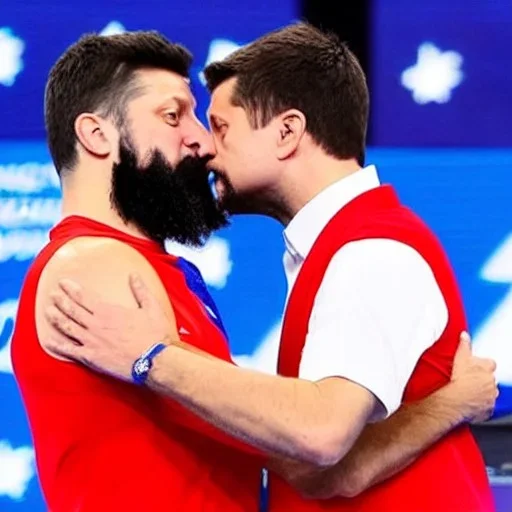 Volodymyr Zelensky WITH A BEARD wearing TANKTOP KISSING JOE BIDEN