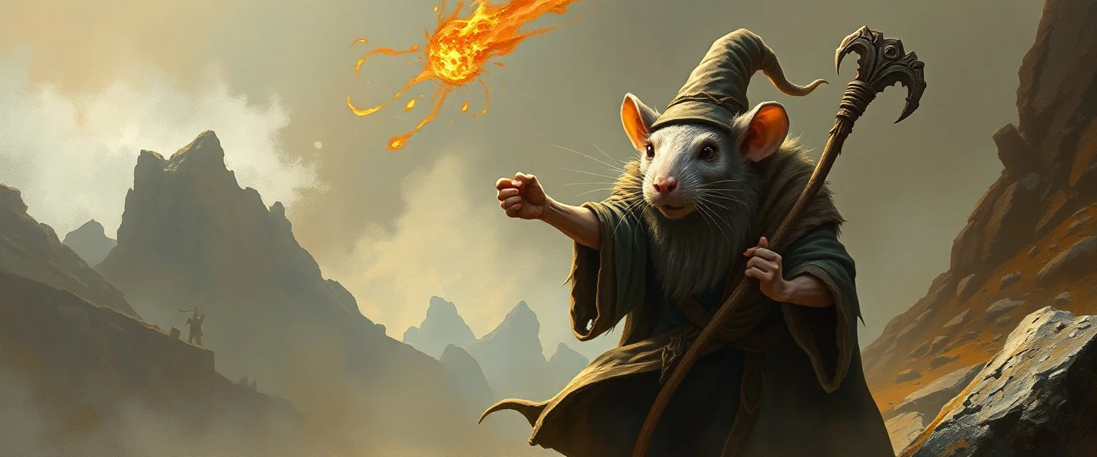 rat gandalf looks really powerful, fantasy illustration