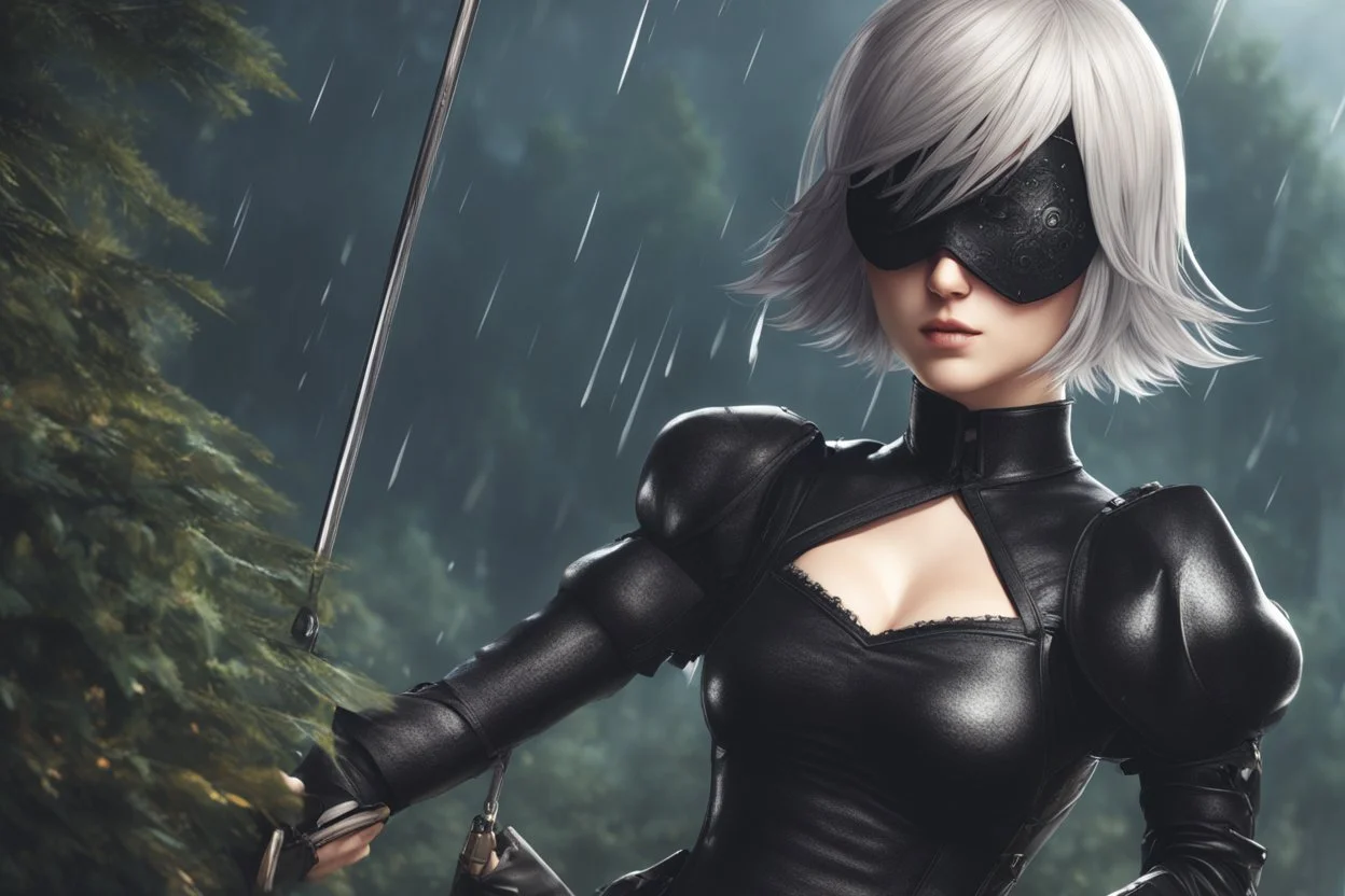 Beautiful 2B with blindfold in 8k nier automata artstyle, 2B them, 2B Custom, blindfold, close picture, rain, fantasy world, intricate details, highly detailed, high details, detailed portrait, masterpiece,ultra detailed, ultra quality