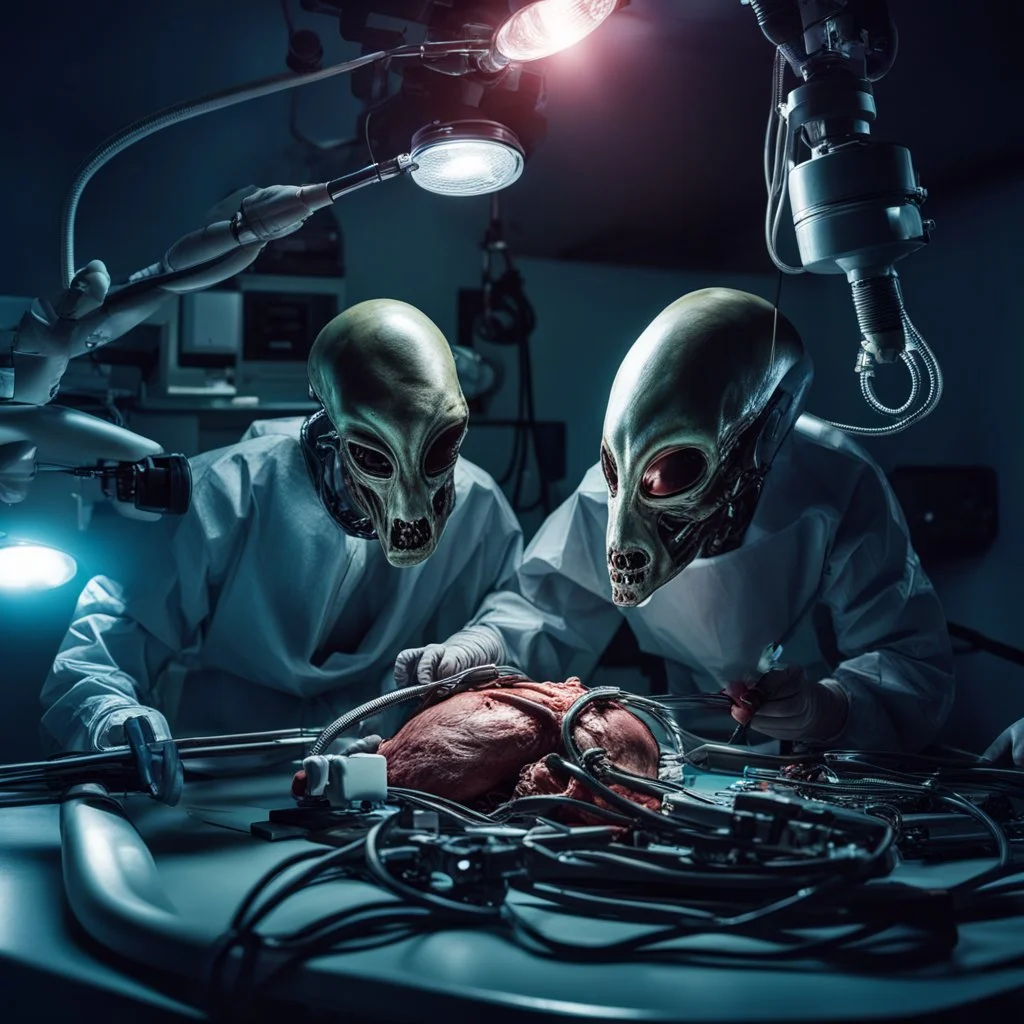 alien doing surgical procedure on man,open chest heart surgery,cables,operating lamp,surgical tools,detailed,8k, Mysteriousphoto, pereallistic cover photo, awesome full color, cin