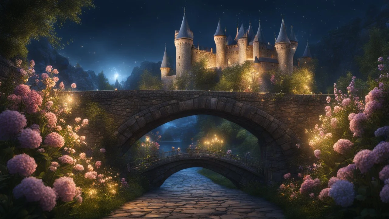 Medieval castle, fantasy, night, flowers, bridge, glare, sparkles, clear lines, detail, fine rendering, high resolution, 4K, photorealism, precise focus,