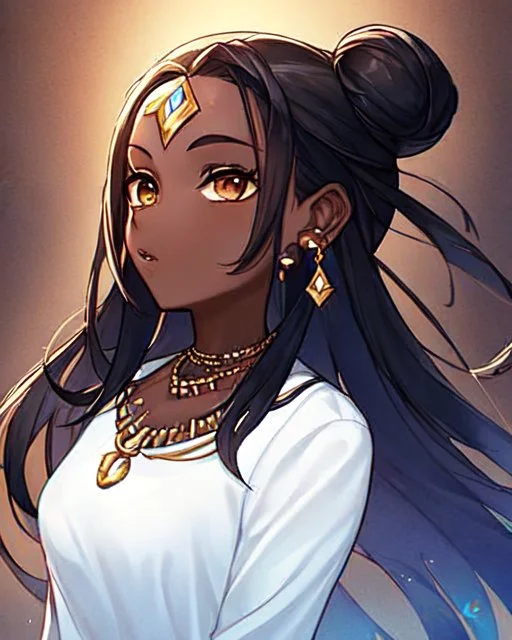 arcane tv show style, league of legends, solo, 1girl, attractive teenager, african, dark skin, dark-brown eyes, black hair, pair buns, violet strands of forehead bangs, necklace, earrings, modern makeup, (detailed skin texture), white oversize shirt