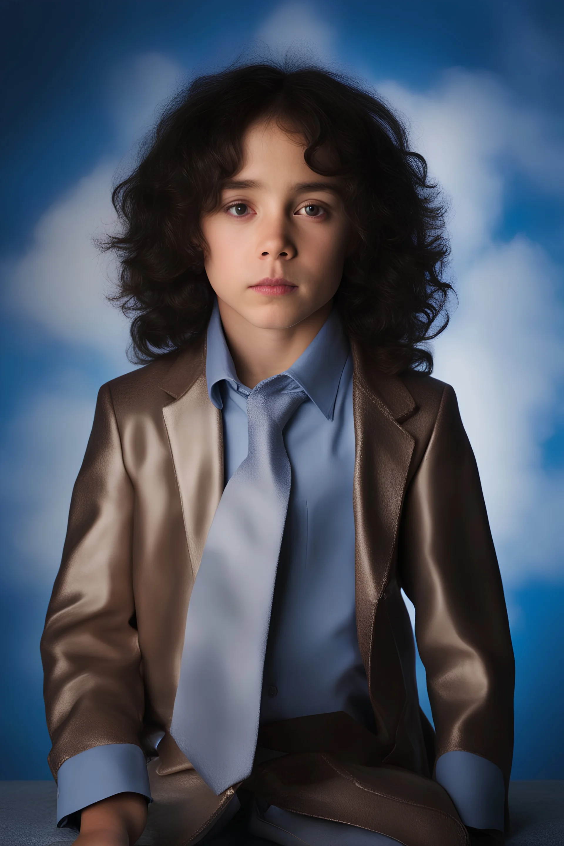 facial portrait - 10-year-old Paul Stanley is posing for his school picture - Sparkling, Sky blue Background, professional quality studio 8x10 UHD Digital photograph by Scott Kendall - multicolored spotlight, Photorealistic, realistic stock photo, Professional quality Photograph. colored Fog