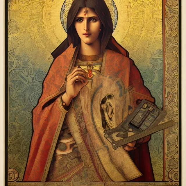 patron of photographers holding a camera in one hand and film roll in the other. orthodox icon with saint photographer. Cyrillic inscriptions. hyperdetailed, Alphonse Mucha, Zdzisław Beksiński, poster, illustration, ink, oil on canvas, 18th century atlas