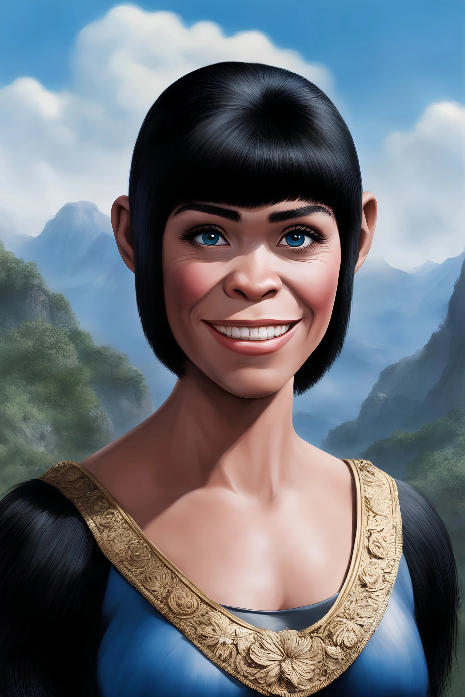 Planet of the Apes - black hair, Deep Blue Eyes - head and shoulders portrait - Smiling - Lenna, part chimpanzee, part human, short, bowl-cut, straight black hair, the bangs cut straight across the forehead, she resembles a Zira from the Planet of the Apes, and she resembles Spock - Mountains, blue skies, clouds, red roses, blue roses, yellow roses, honeysuckle roses, carnations, lilacs, oil painting by Frank Frazetta