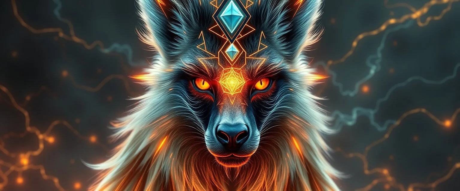 gematria close up portrait of a plasma racoon fox horse king lama shape shifter flickers like hypnotic fire in geometric shapes like a dna swirl of time and a fearsome planeswalker covered in powerful runes