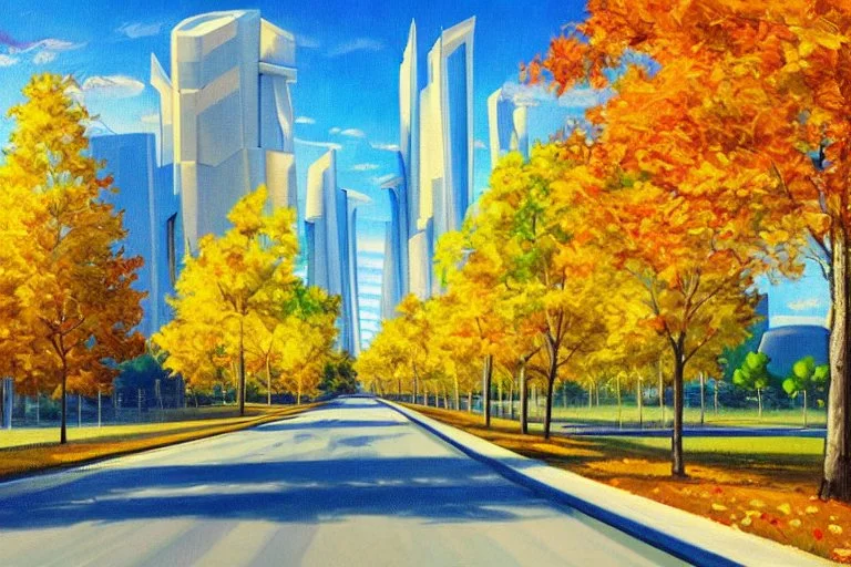 Sunny Day, futuristic buildings near the autumn trees, highway, sci-fi, impressionism painting