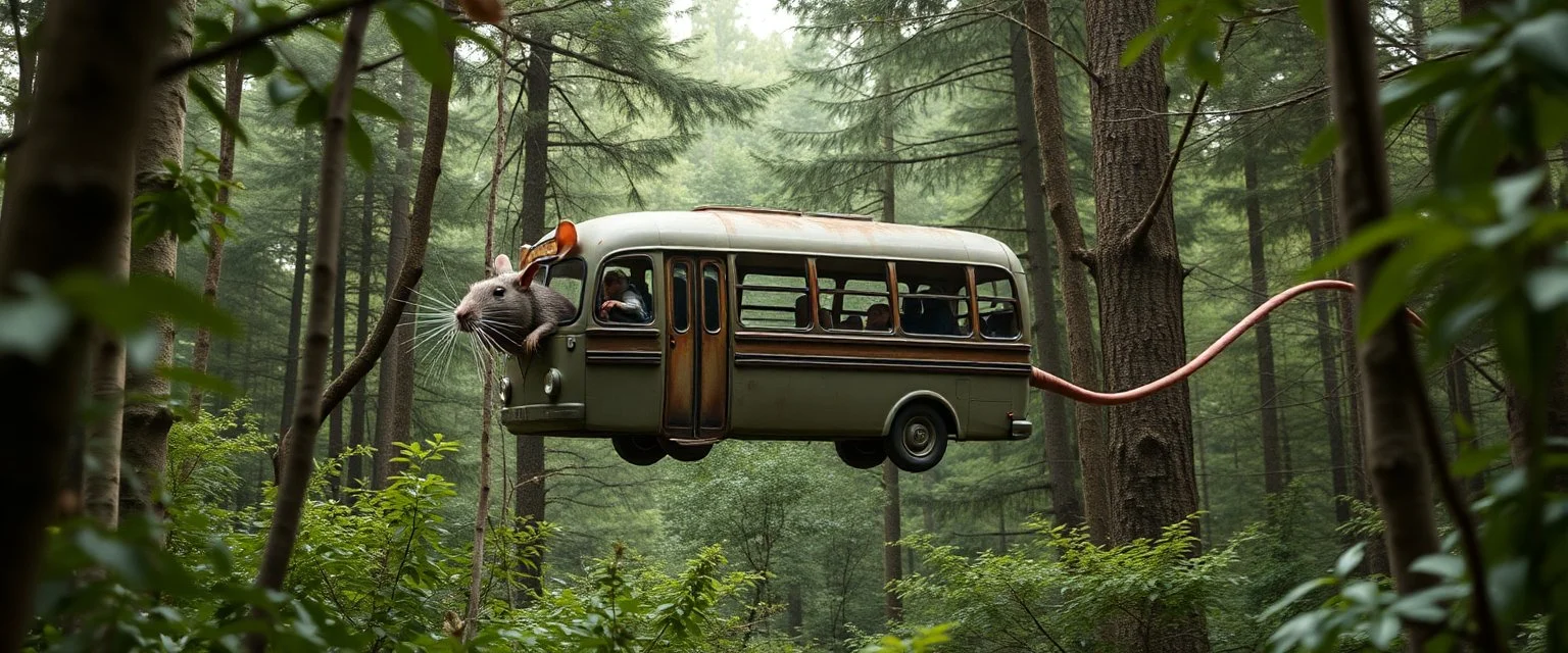buss shaped like a rat flying through a forest, rat monkeys in the trees