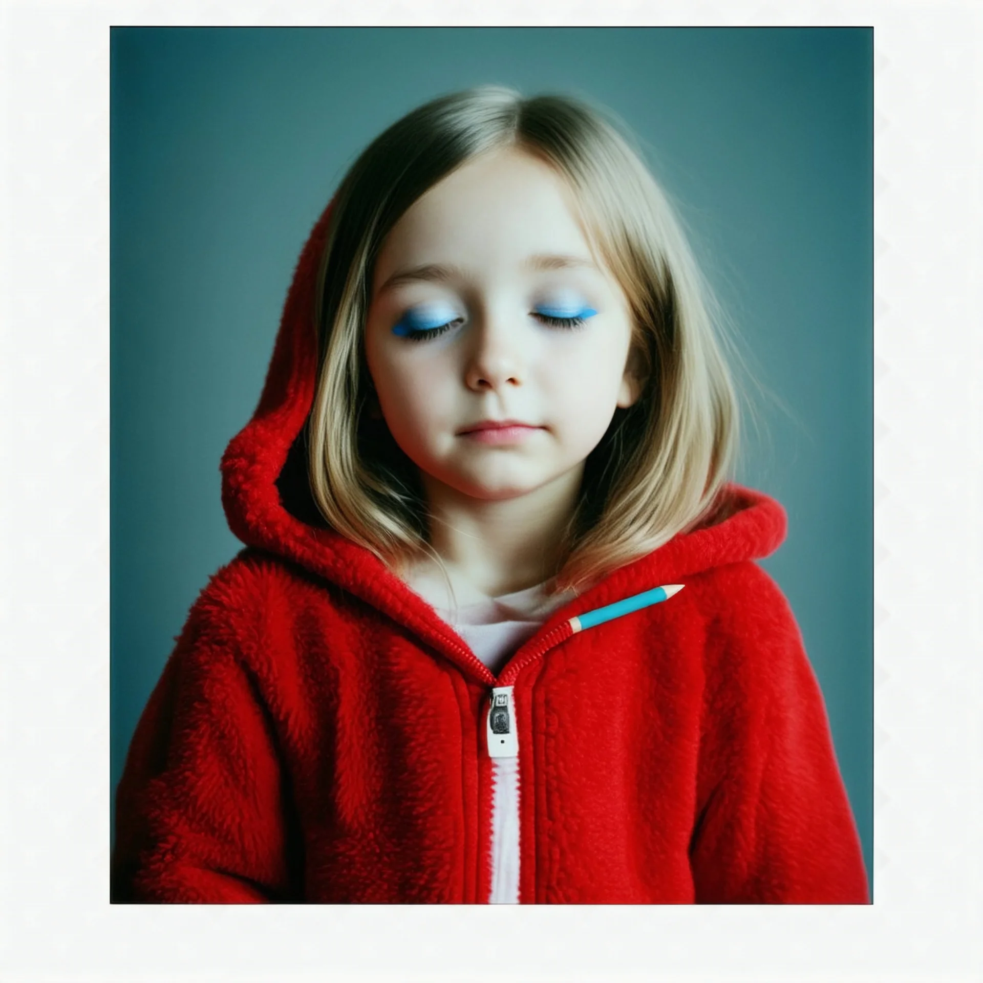 Lily rosedepp enfant,avec un long pull a capuche en angora rouge jusquaux, polaroid, elle a les yeux fermés et les joues bleues, , des grains de beauté, crayon de papier