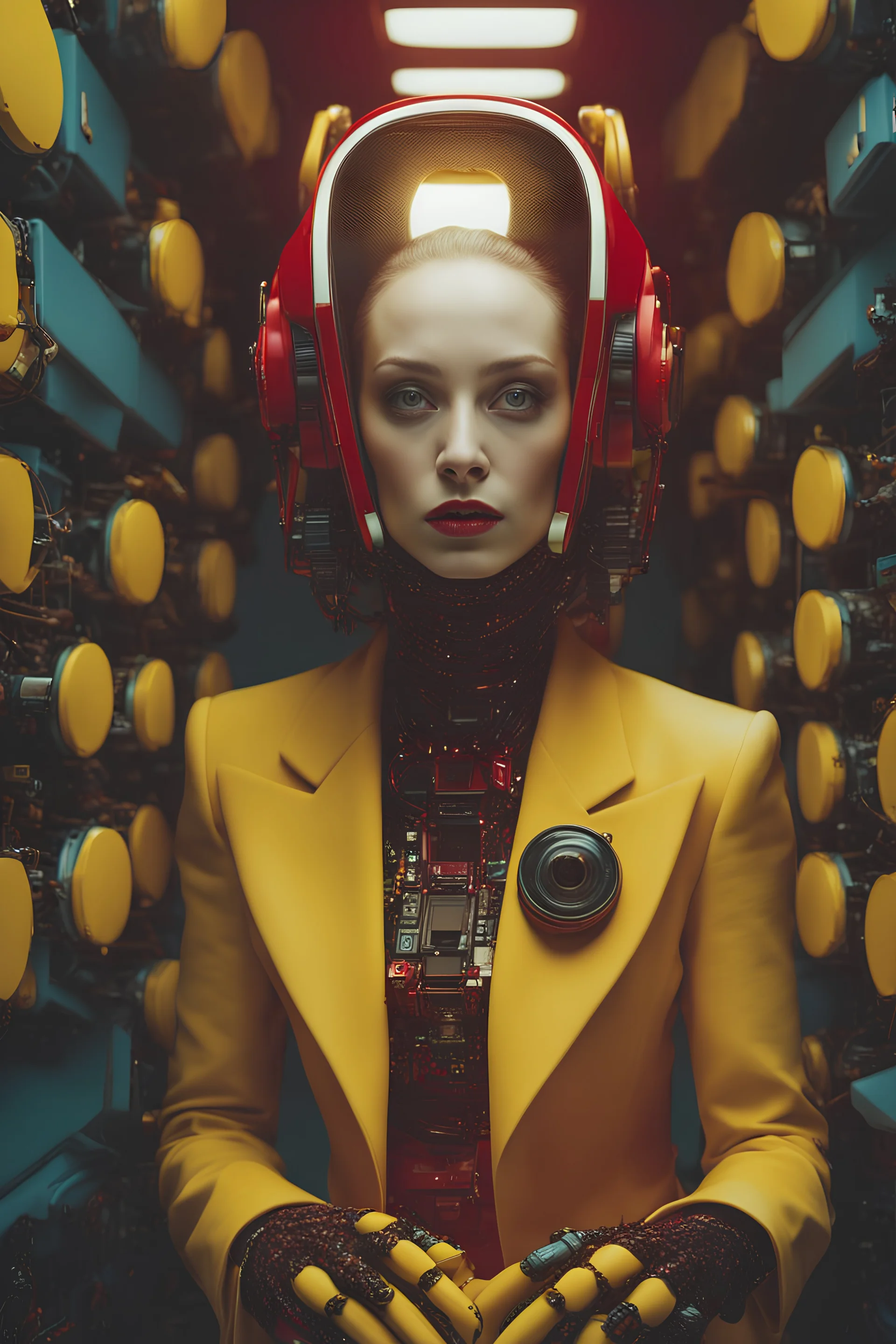 Alien retro computer robot portrait photo, pastel colors, yellow, red, photographed by Daria Endresen, film still from Alejandro Jodorowsky, medium shot fashion, award winning photography, arty pose, fashion, high definition, high resolution, muted colors , volumetric lighting, 8k, 3d render