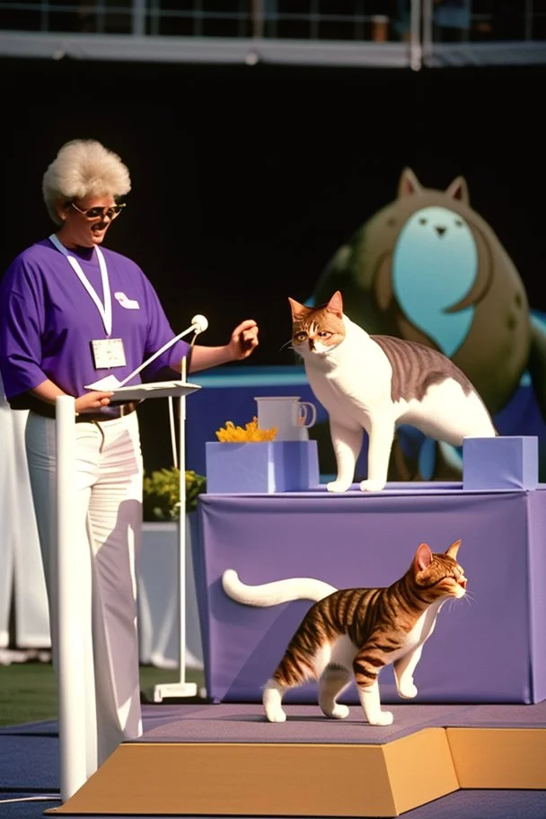 1990 dog show realistic (film Color Mission 200::10) photo disposable camera with a cat that has half a body of a blue ocean whale winning first prize