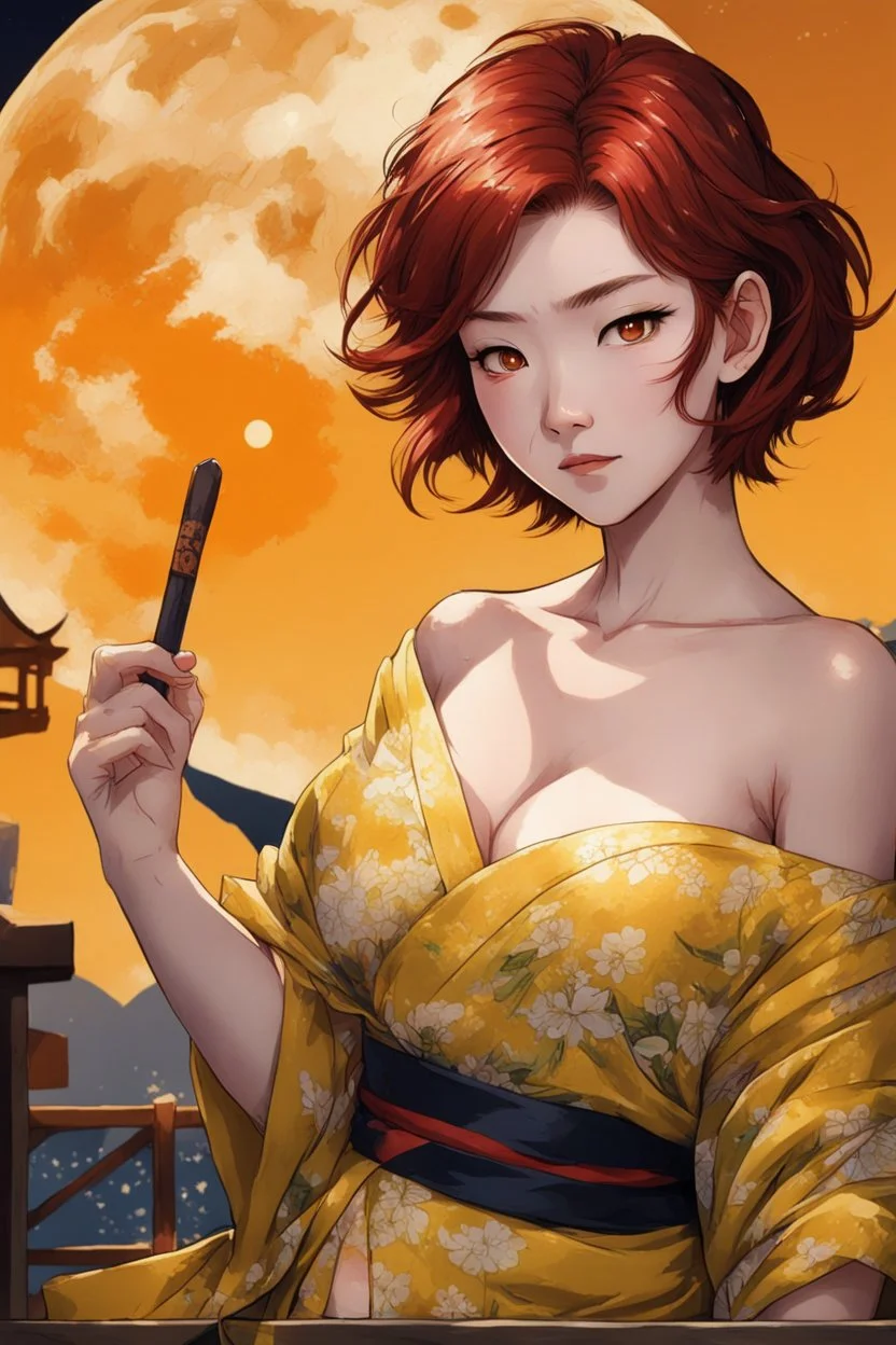 (Asian), short hair, fiery red hair hair, yukata, yellow clothes, 8k, best quality, winking, very dark night time, lighting from moon yellow moon, perfect, masterpiece