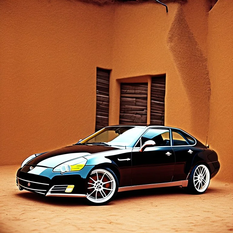 A Tesla's 'Model S Plaid' is parked, within 'Jemaa el-Fnaa', in Marrakesh. CINEMATIC. WIDE ANGLE LENS.
