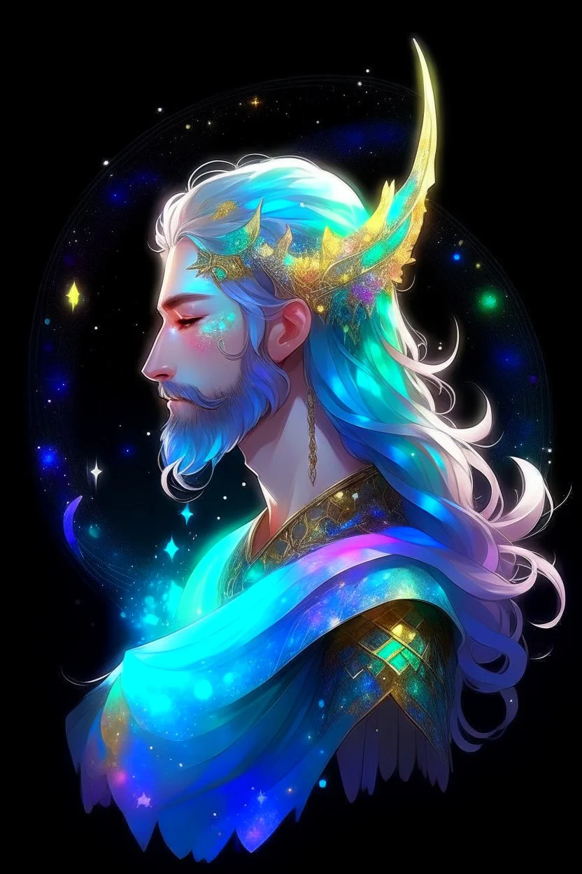 prismatic hair ethereal transparent prism Eladrin astral Male antlers druid beard sparkling radiance prismatic shining starlight enshrouded