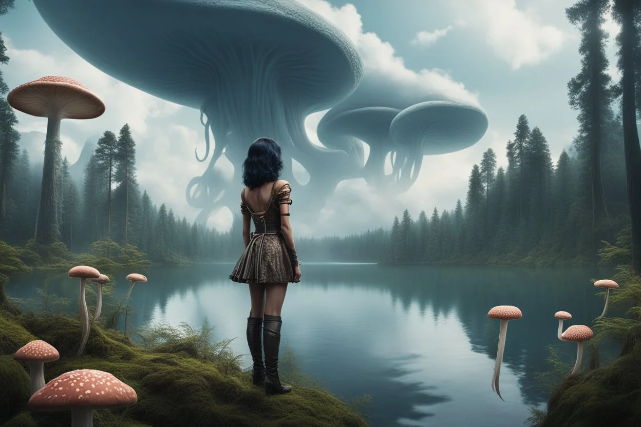 A skinny woman with a Cleopatra hairstyle, short skirt, and knee-high boots, looking out over a lake, in an alien forest, with tall cloud trees, flying mushrooms with octopus tentacles