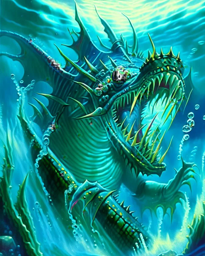 90's TCG retro fantasy art of a sea monster under the water