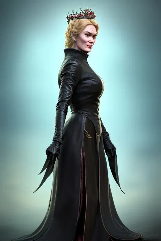 Cersei Lannister as evil queen in black leather coat, busty, cleavage, voluptuous, lena headay, angry, stern look. character design by cory loftis, fenghua zhong, ryohei hase, ismail inceoglu and ruan jia. unreal engine 5, artistic lighting, highly detailed, photorealistic, fantasy