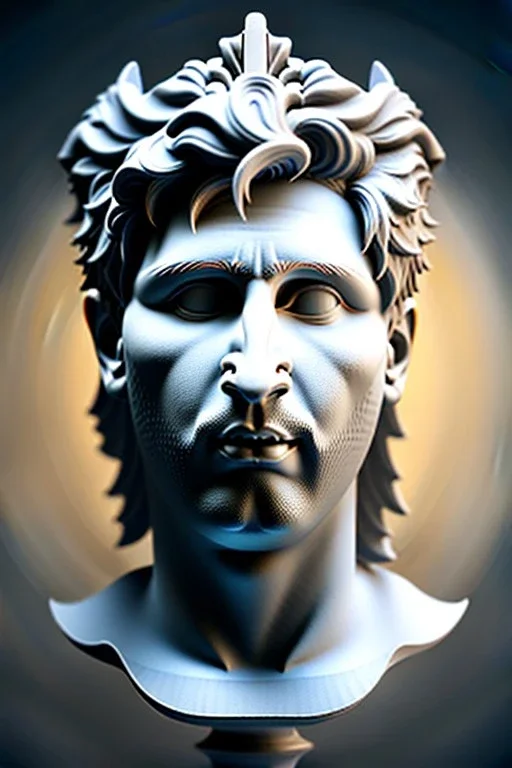 Ultra Realistic image, Roman sculpture, white marble material, Lionel Messi, sun radial crown, chisel style, waist up portrait, epic, celestial, cinematic lighting, God light, god rays, 4k resolution, smooth details, ornate details, soft lighting, unreal engine 5, marble background.