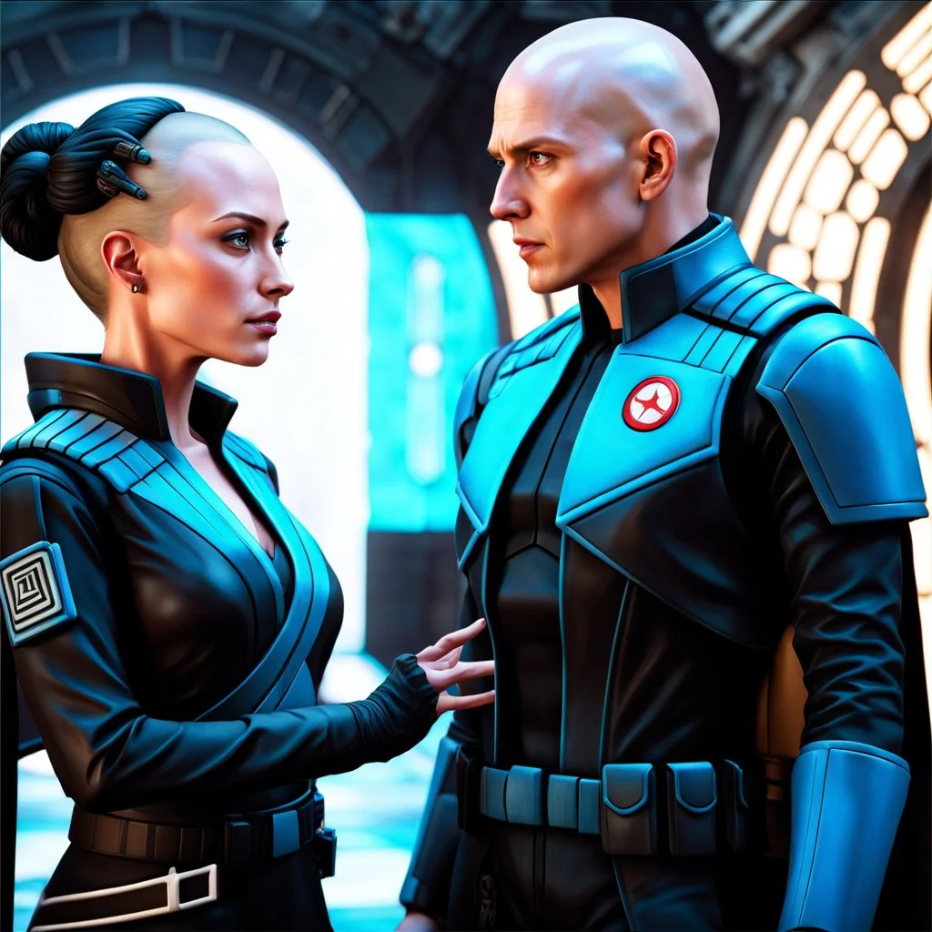 a bold and heroic bald male Corellian pilot in black and metallic grey First Order special forces gear meets a female Jedi Master in ancient, mystical temple, hyperdetailed, dynamic lighting, hyperdetailed background, 8k resolution, volumetric lighting, light skin, fully symmetric details