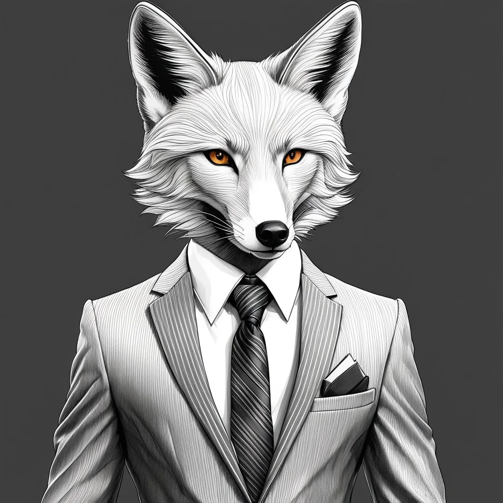 Illustrative sketch of a image of an humanoid fox, suit and tie, arte lineal ultra quality, 8k