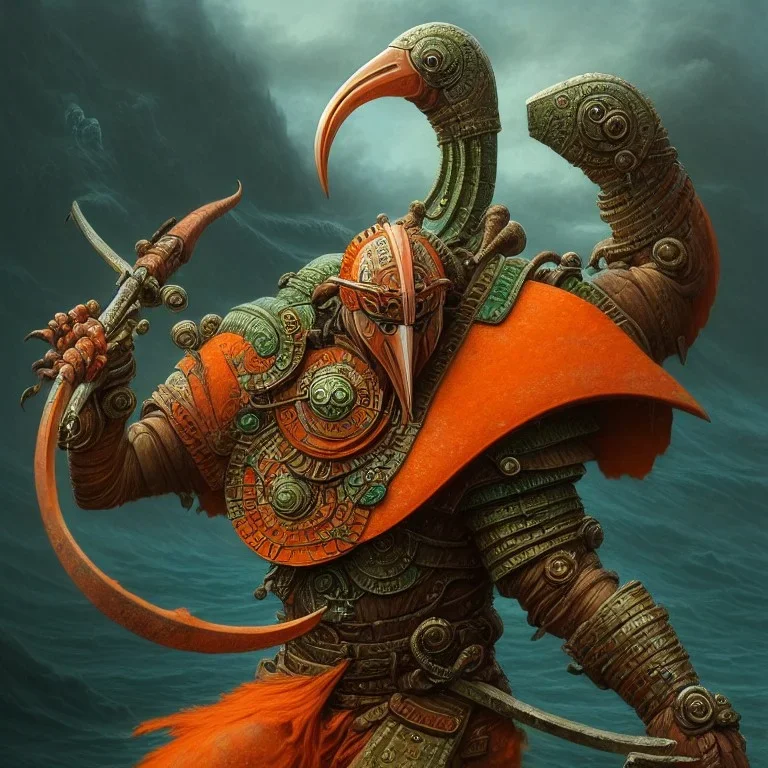 an ibis warrior in orange and green full battle armor, a highly detailed illustration, background of giant crashing ocean waves, realistic render, 8 k, micro detail, intricate, elegant, centered, digital painting, Artstation, smooth, sharp focus, illustration, artgerm, tomasz alen kopera, peter mohrbacher, donato giancola, joseph christian leyendecker, wlop, boris vallejo