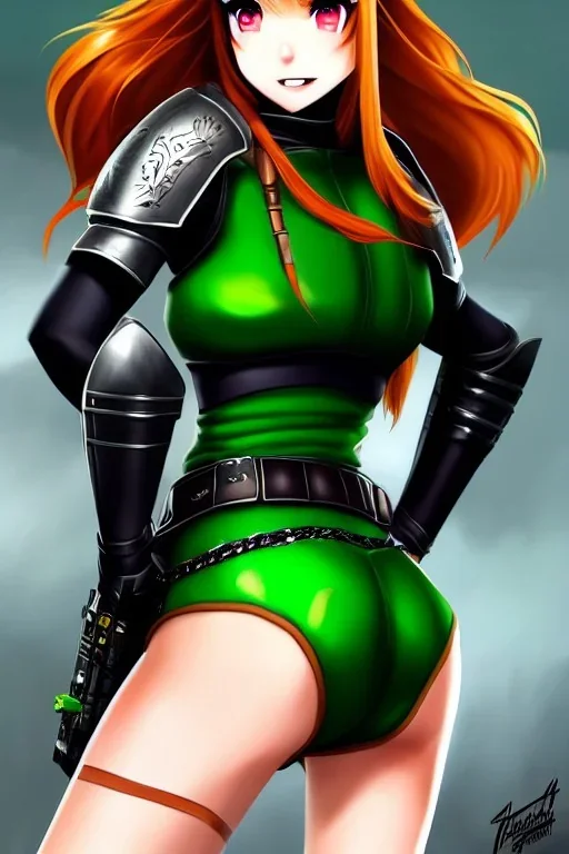 In the style of Shadman, hyper detailed, strikingly beautiful teen female, 16 years old, long ponytail, ginger hair, green eyes, medium freckles, full lips, micro top, black leather armour lined with fur, full body, full face, tiny breasts, athletic, centred camera, ignore NSFW, thong, camel toe, athletic