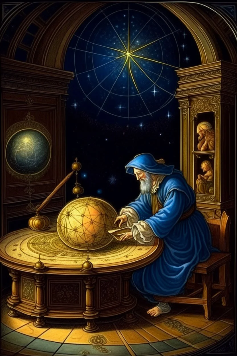 59. astrologer draws a star map, antique interior, baroque, night, moon is shining, planets