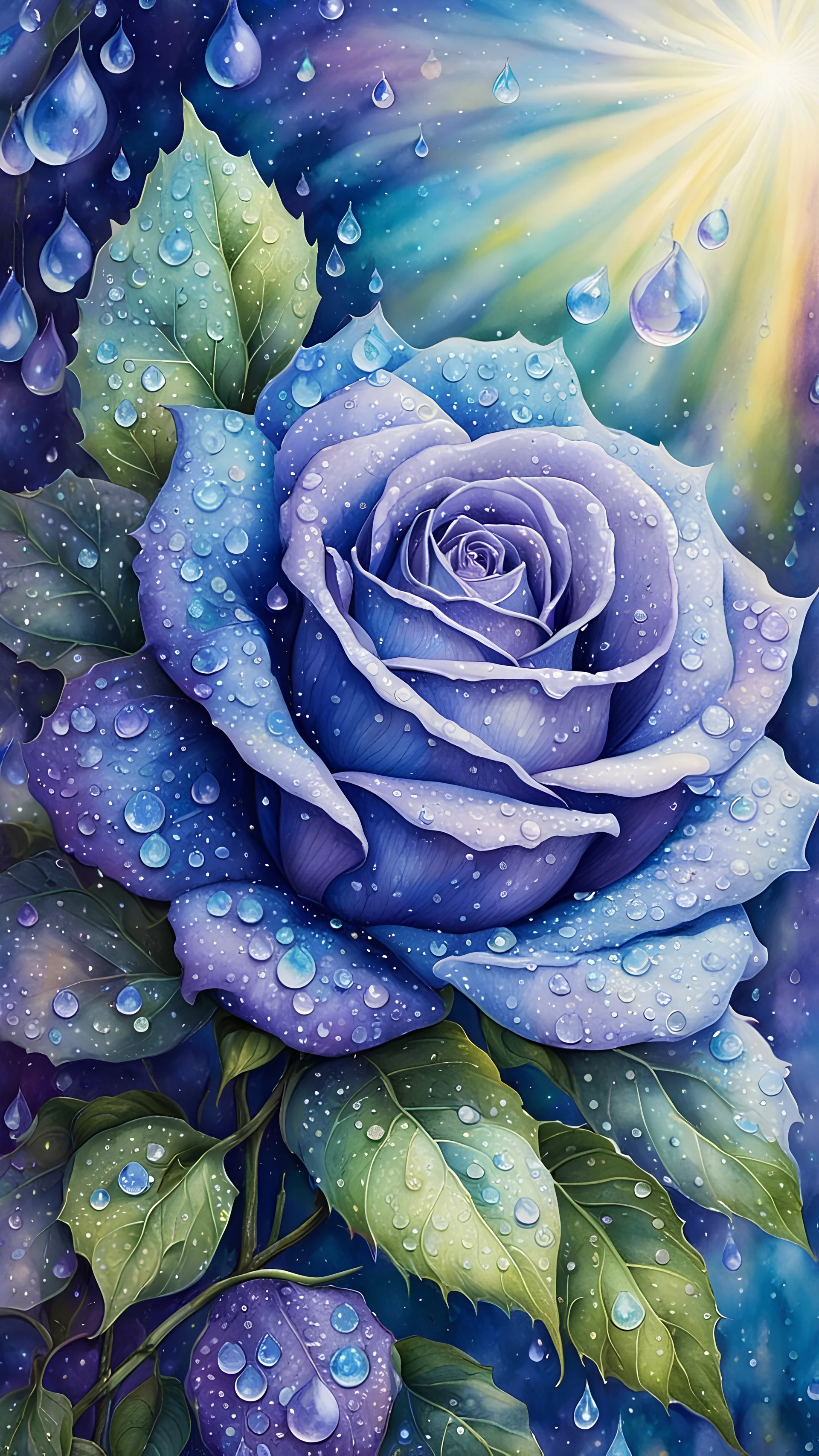 Watercolour drawing. Josephine Wall style stunning close-up of a drawing lilac blue Rose, and leaves perfectly showcase a collection of large dew drops, sparkling in the very early morning sun The detailed texture of the petals and leaves, the shimmering dew, background light bokeh, and the lighting effects all play together to create a hyper-realistic scene professional, award-winning, background of sunny bokeh