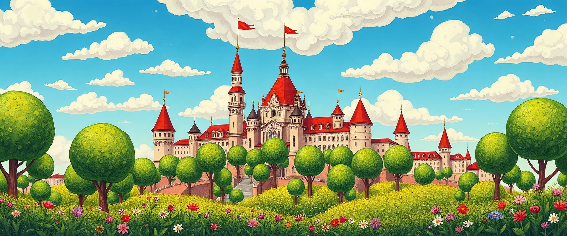 palace, city around, fairy-tale style, bright colors, sky with clouds, round and oval trees, green plants in the foreground, flowers, style of old Russian fairy tales, non-realistic drawing