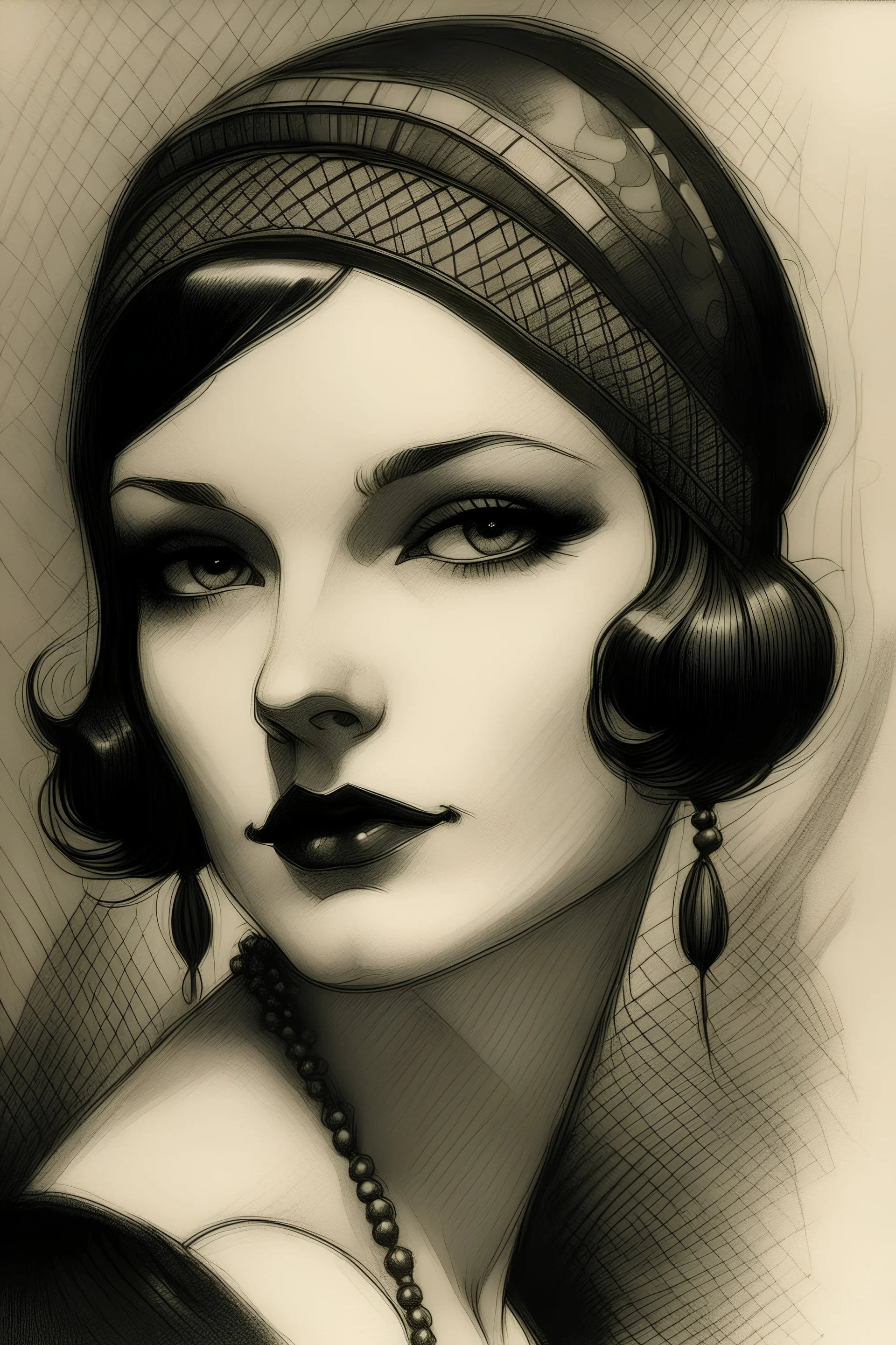 a exotic sexy , dark , and mysterious woman from the 1920s makeup pencil sketch