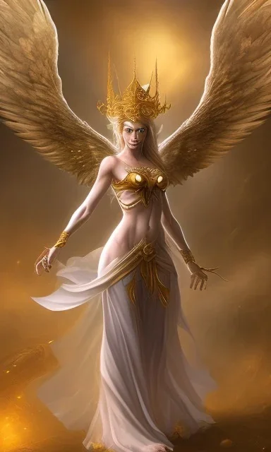 Female angel with big wings and golden crown floating above the ground in the dark, michelangelo style, detailed, world of warcraft style