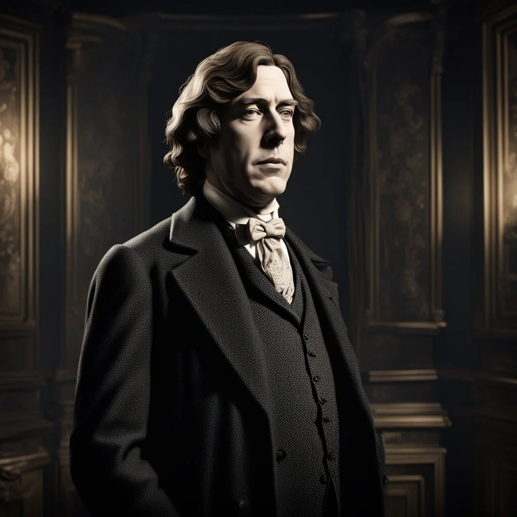 Hyper Realistic Oscar Wilde standing in a dark room