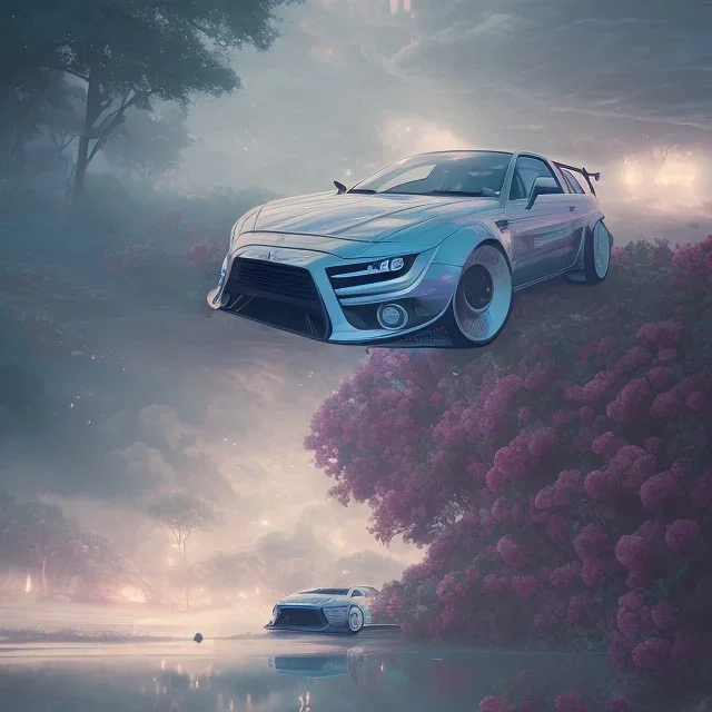 Mitsubishi, dans un nuage de fleur, concept art, réaliste, synthwave