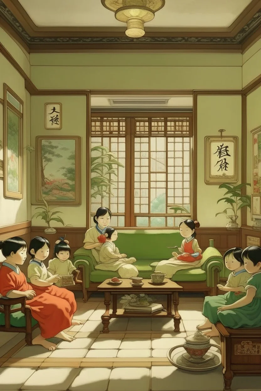 japanese childeren in a apanese living room painting neoclassism