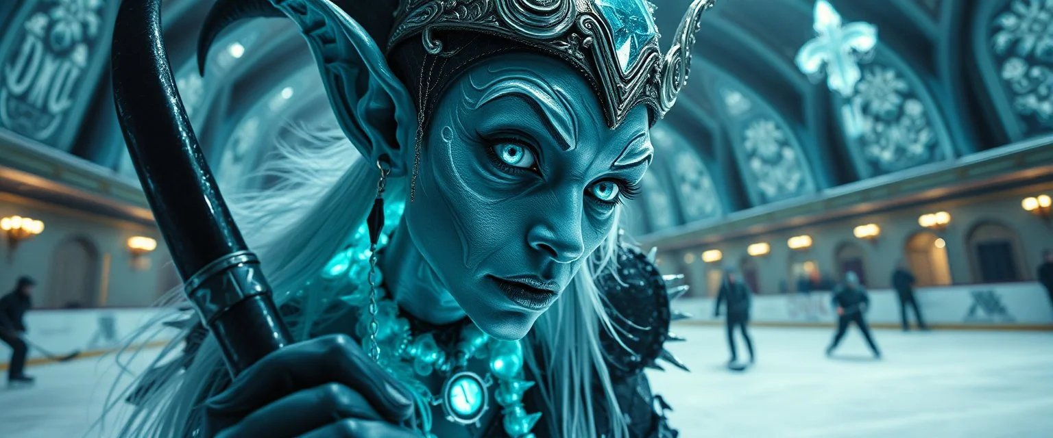 close up portrait of shiny ice queen dark elf with magical aura hockey staff, pin hole cam, master oil painting by Rembrandt, d&d glam rock and glitter vampire gremlin illithid and lich playing hockey in ice skating hall or church, in the style of giger and escher, sci fi with floating little saucers
