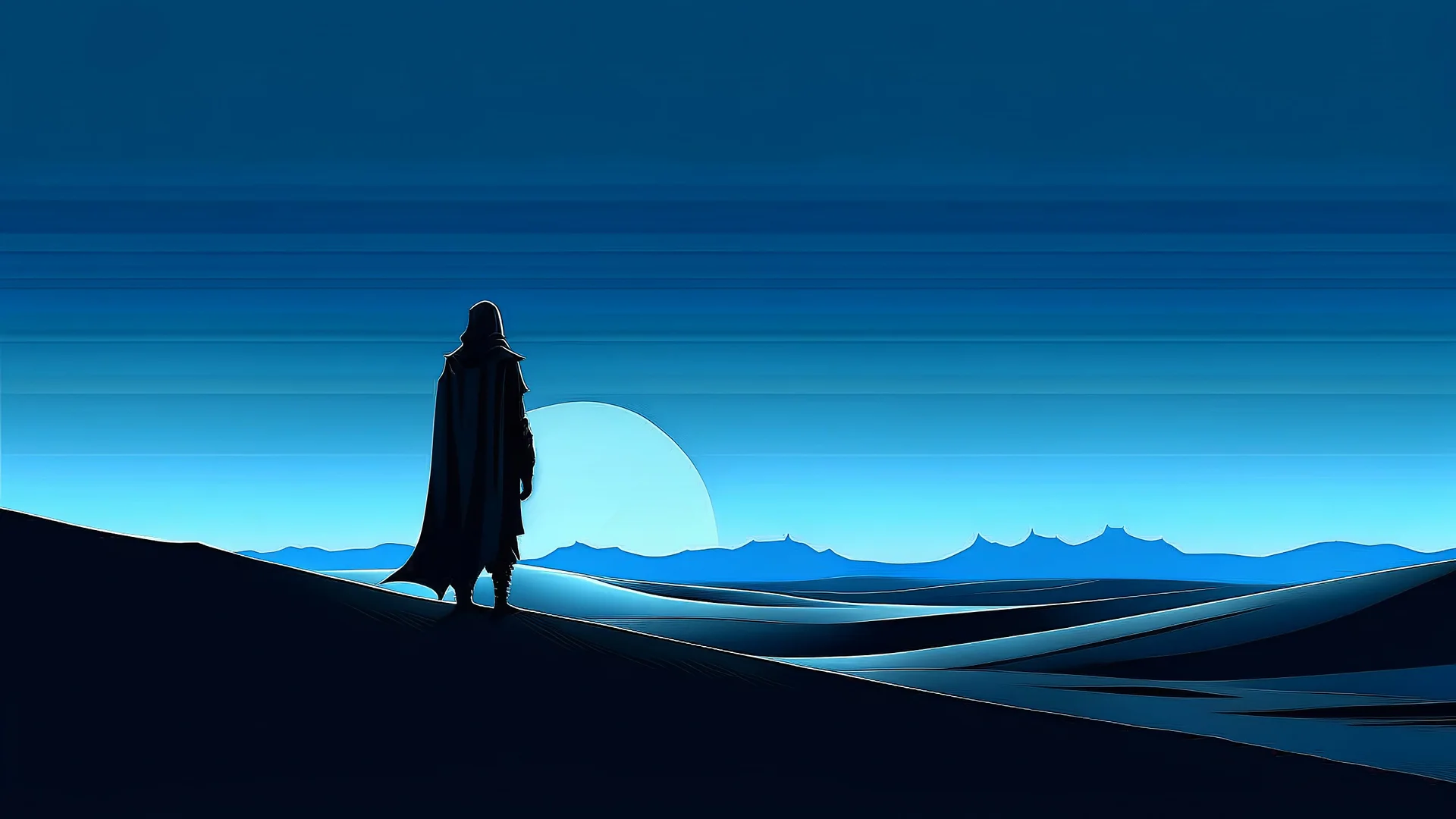 A dramatic very minimalist desert landscape featuring Paul Atreides standing tall atop a large dune. His figure is partially silhouetted against a surreal, dark sky with two blue moons. The image focuses on the vast emptiness of the desert, with sharp, clean lines and soft color gradients. Paul’s cloak flutters slightly, giving him a regal yet solitary presence. The design has a retro, abstract quality, with bold contrasts, deep shadows, and subtle, glowing highlights. Style in 60s