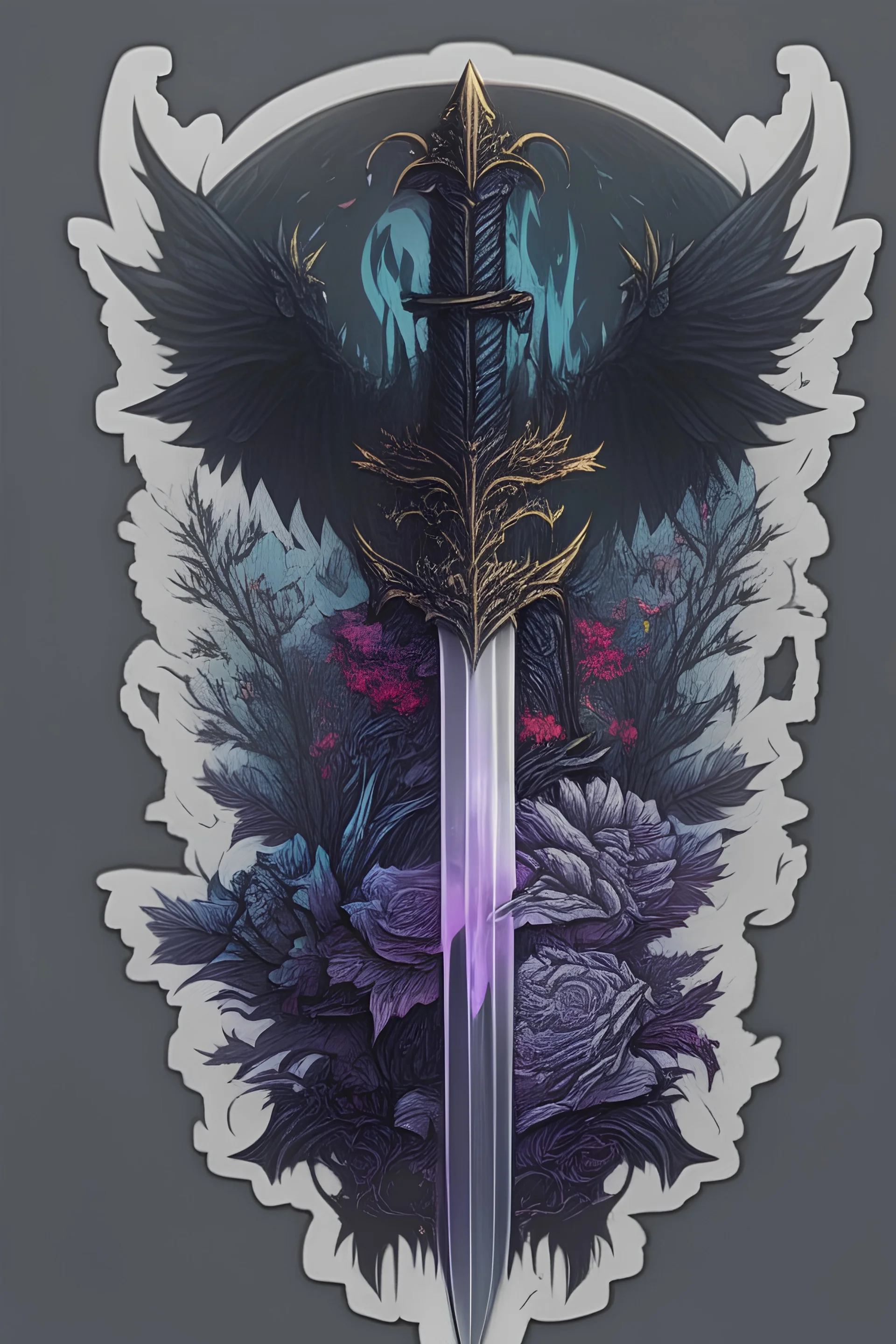 In the foreground, a long, powerful and majestic sword like epic fantasy stories. In the background, beautiful flowers and two big evil dark wings. In a dark, gothic but romantic fantasy style. make it for a sticker.