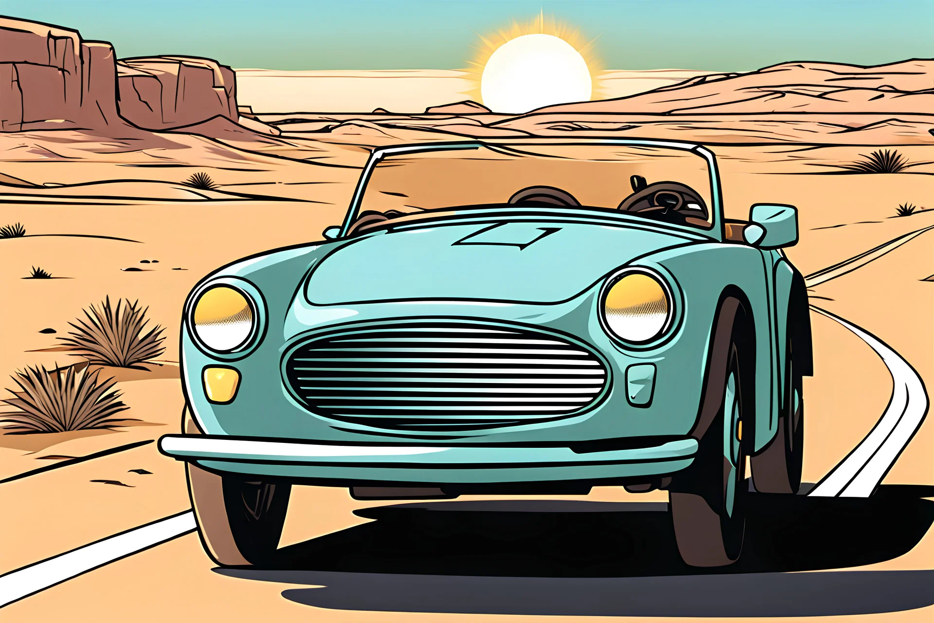 comic style, a cabriolet car driving down a desert road : 1.5 | sunny : 1