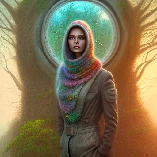 spray painting fantasy art, portrait camela harris looking crazy old in mummy sweater, standing in portal to wet forest world from city world,poetry book illustration