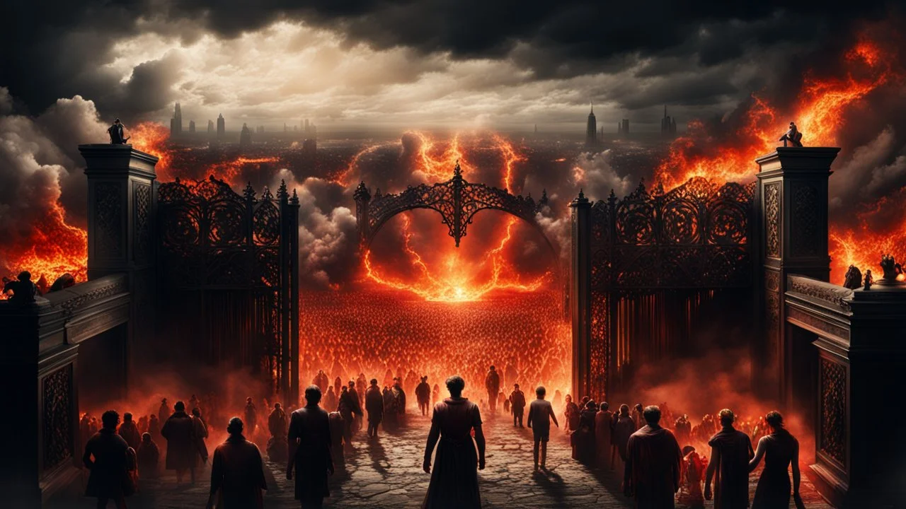 Hyper Realistic Photographic-Areal-View of Hell & Heaven & people reaching towards the gates of them showing dramatic & cinematic ambiance.