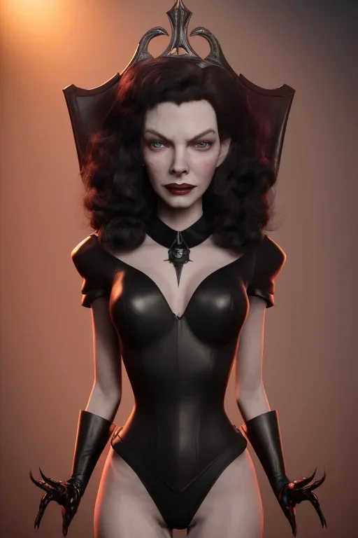 Lauren Bacall as evil queen in black leather, leather, busty, cleavage, angry, stern look. character design by cory loftis, fenghua zhong, ryohei hase, ismail inceoglu and ruan jia. unreal engine 5, artistic lighting, highly detailed, photorealistic, fantasy