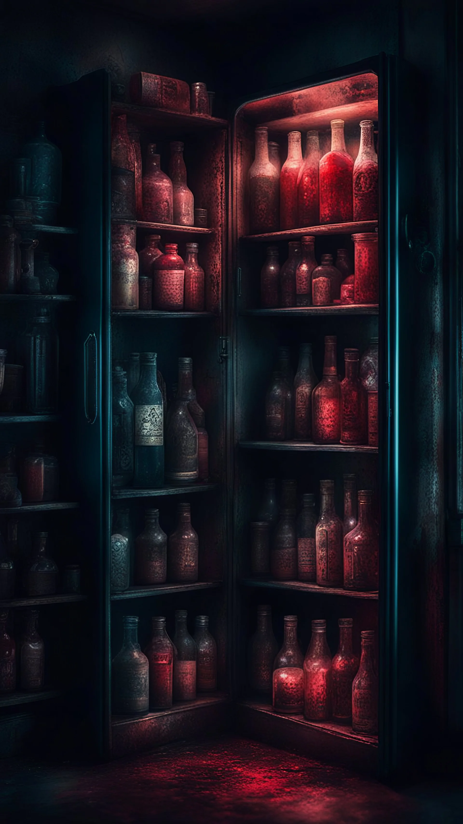 Si-Fi, The permanent under atmospheric lighting effects, a whole shelves of an open door home refrigerator filled with blood bottles , intricate historical moody atmosphere, eerie grimdark ambiance, complex motherboard accents, speculative fiction art. Bokeh