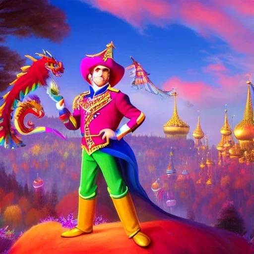 ringleader, Arthur Kulkov, front, handsome, circus, male, Dragon Prince, Russian, lisa Frank fantasy, detailed matte painting, 8k resolution, Golden hour, interesting detailed storybook fantasy