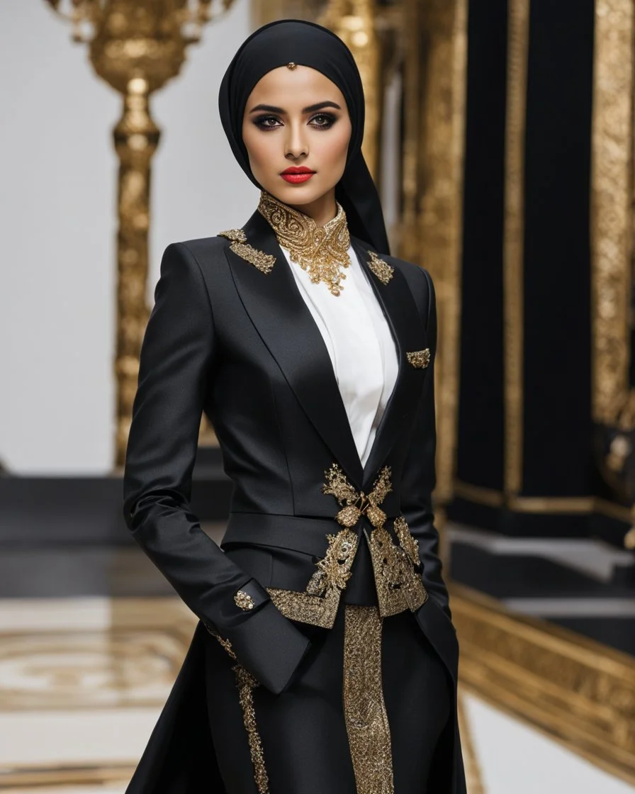 A length image ,professionals photography stand action pose ,in islamic luxury fashion show an beautiful young girl super model iranian wearing islamic hijab as spy detective with shoulder length wearing luxury jewelrys and lipstick. She is wearing a islamic fashion luxury tuxedo with a black bowtie. Her jacket is black decorations golden art and it is not buttoned.Her jacket has a corsage,She is smiling. Her cufflinks are black.stand pose in futuristic luxury photos studio