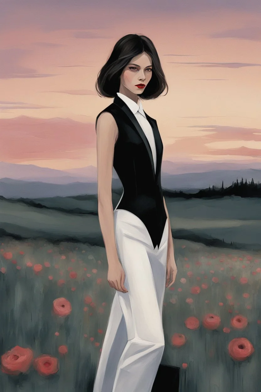 [modern woman in tuxedo] Who was I? Where was I?… The landscape was totally unknown to me, even my body was unfamiliar. What forces brought me here? I searched my mind for memories… There was something there, but it was too clouded… A name… I scanned the horizon. A distant structure rose out of the mists. As evening approached I came upon an enigmatic oasis with a fountain.