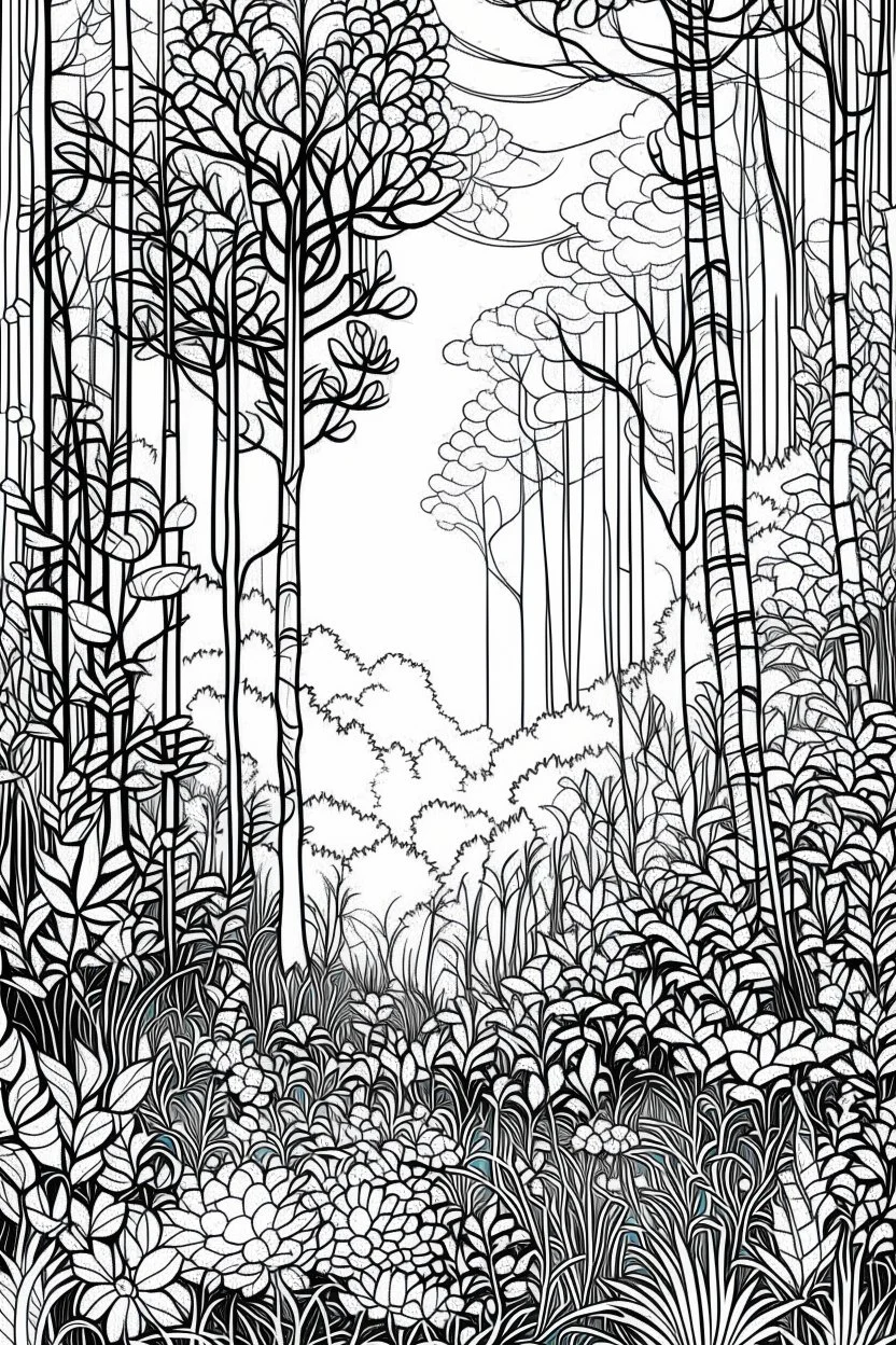 background sketch style use only outline Misty forest with ferns and wildflowers, bathed in early morning light, coloring page for adults, contour, vector, clean line art, white background, detailed, black and white, in the style of kalamkari design