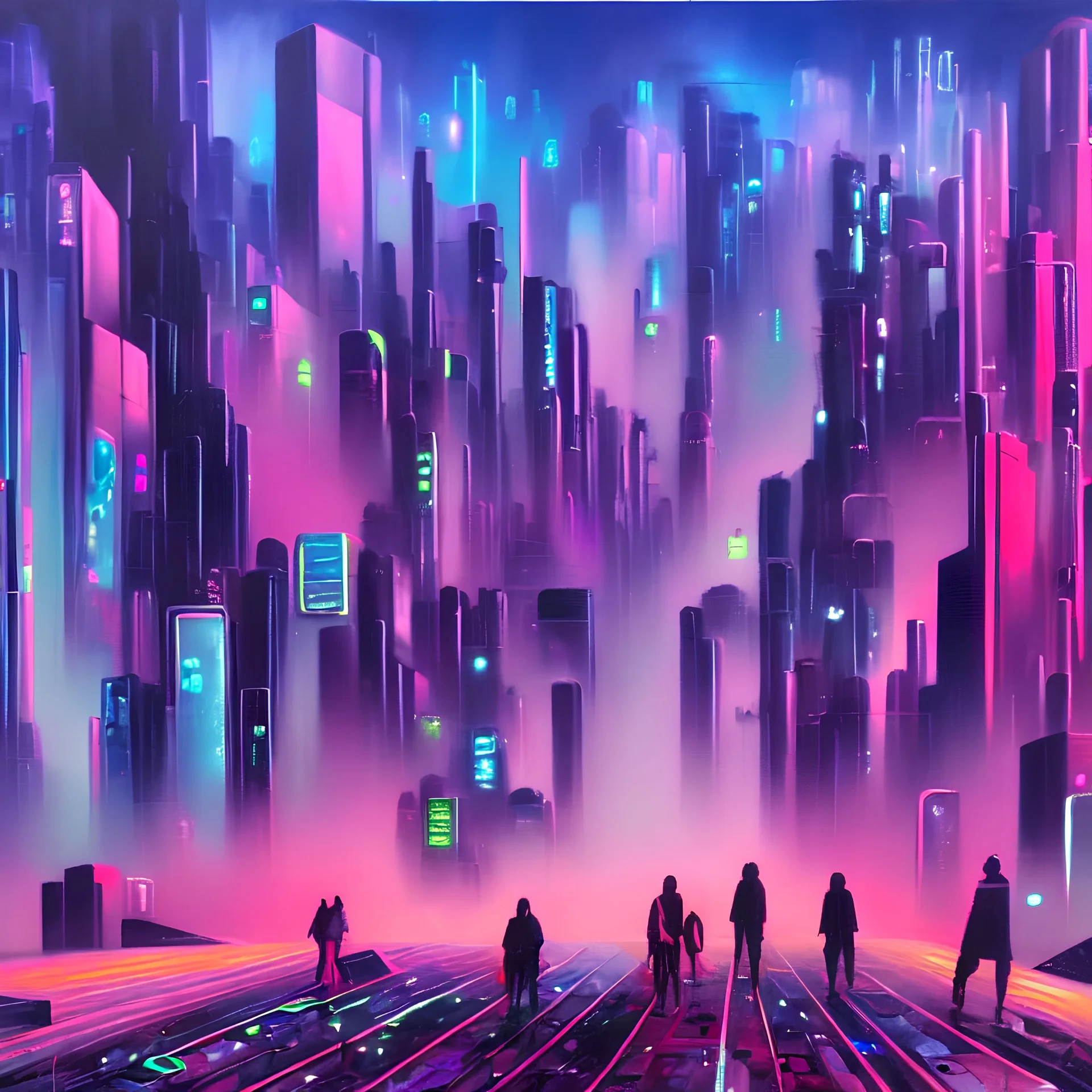 oil painting of a futuristic, overpopulated, busy, dark cyberpunk metropolis, fuchsia and blue, people walking in the streets packed like sardines, tv screens on buildings, flying cars and hoverboards fly through smog, textured