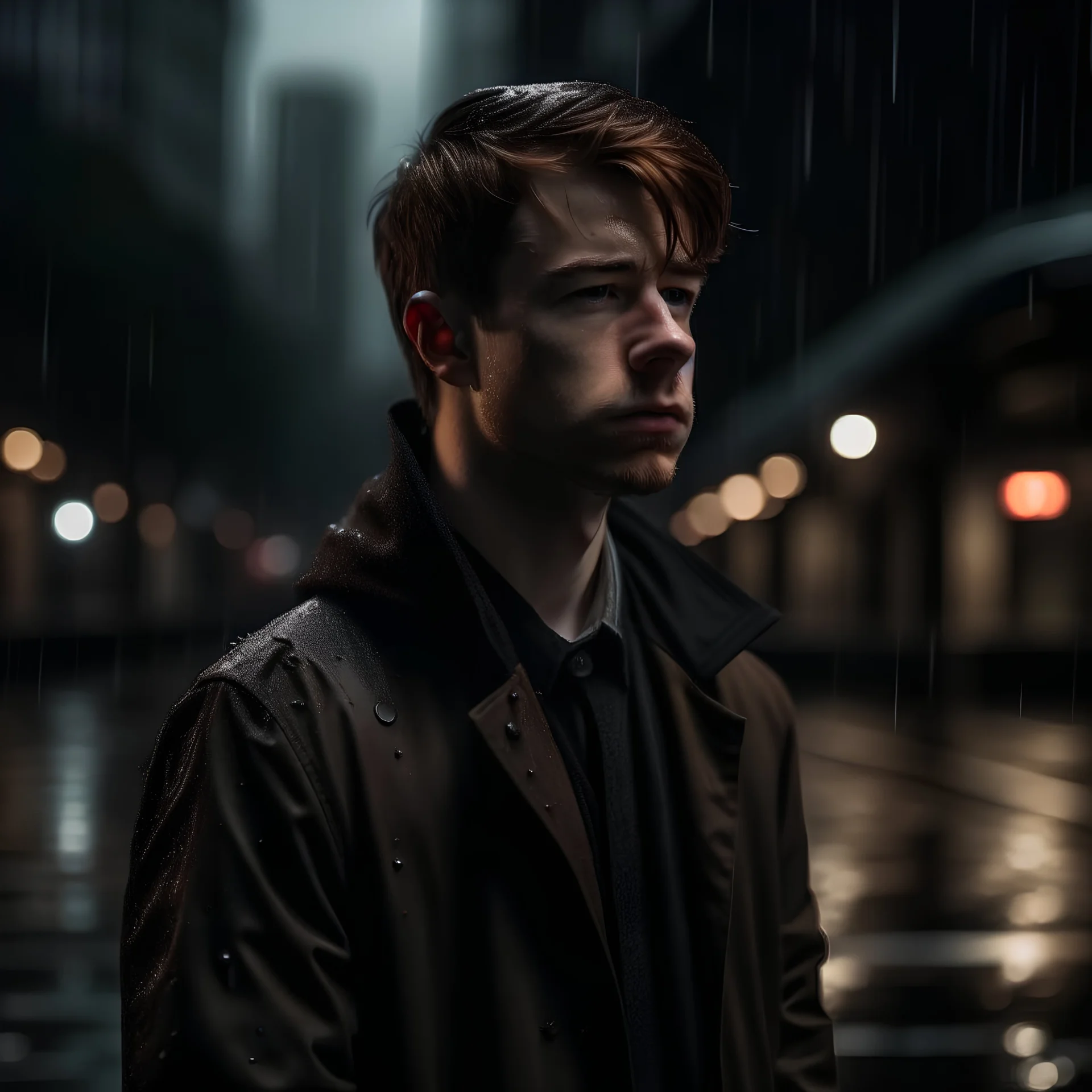 chico de mediana contextura, pelo corto castaño vestido al estilo hombres de negro en un fondo de ciudad lloviendo y de luz tenue