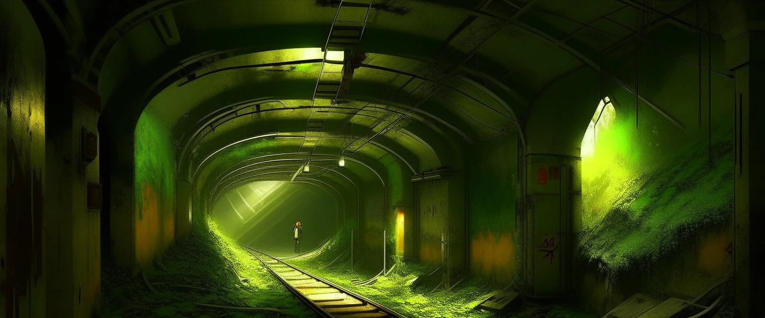 Inside the old subway tracks, . Low light and closed green moss walls. Like the original design of the game space ,digital art.landscape,far camera old painting,2 Chen and George Hopper, Rembrandt lighting, a dark green and yellow color scheme, ethereal light. --ar 13:16 --v 6. 0